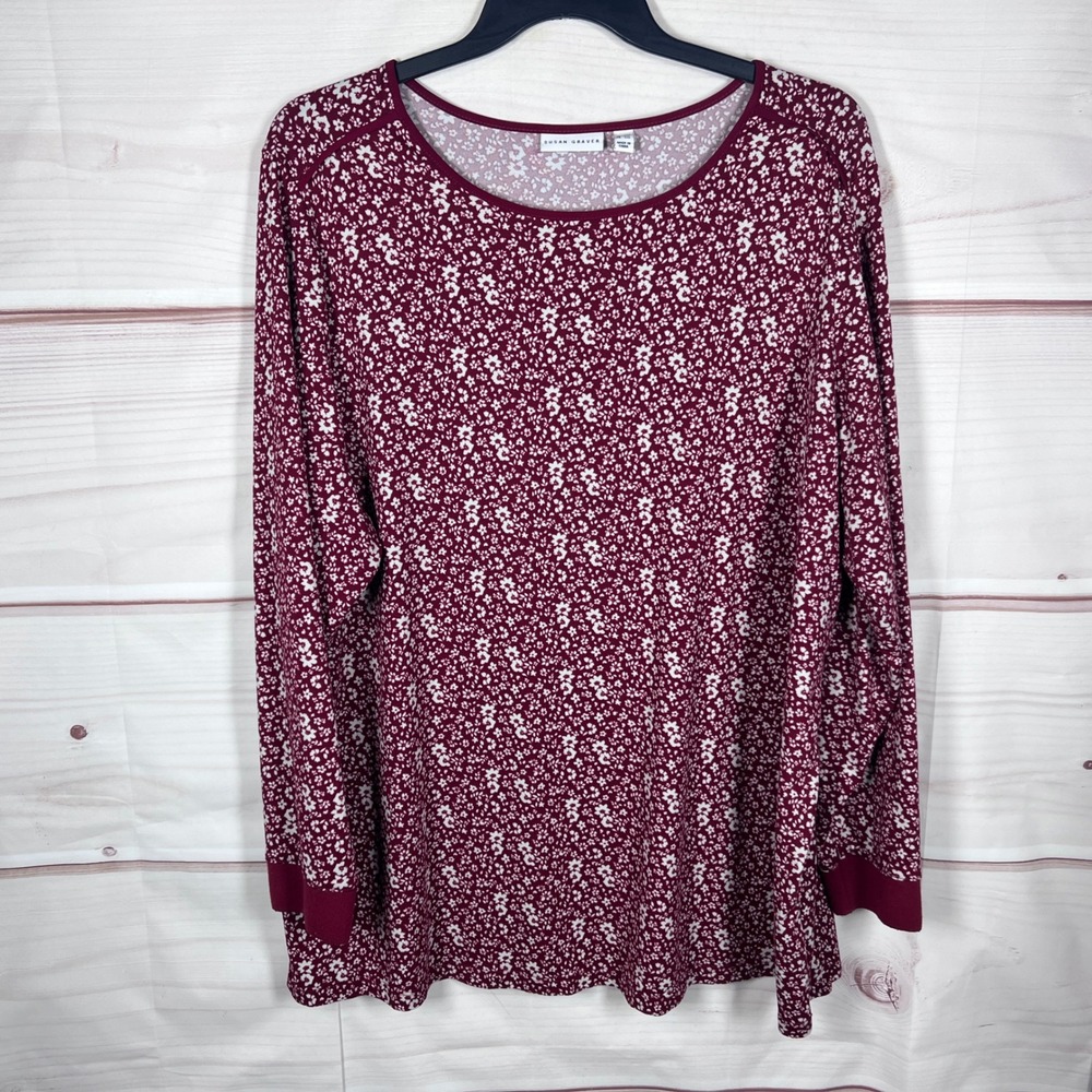 Susan Graver Top Women 3X Burgundy Floral Brushed Liquid Knit Long Sleeve Shirt
